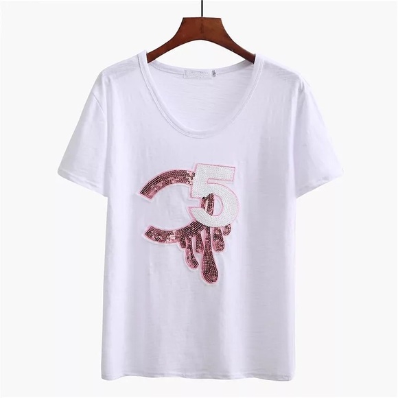 Lena Vie Boutique Tops - White And Pink Relaxed Fit Cotton Sequin Tee